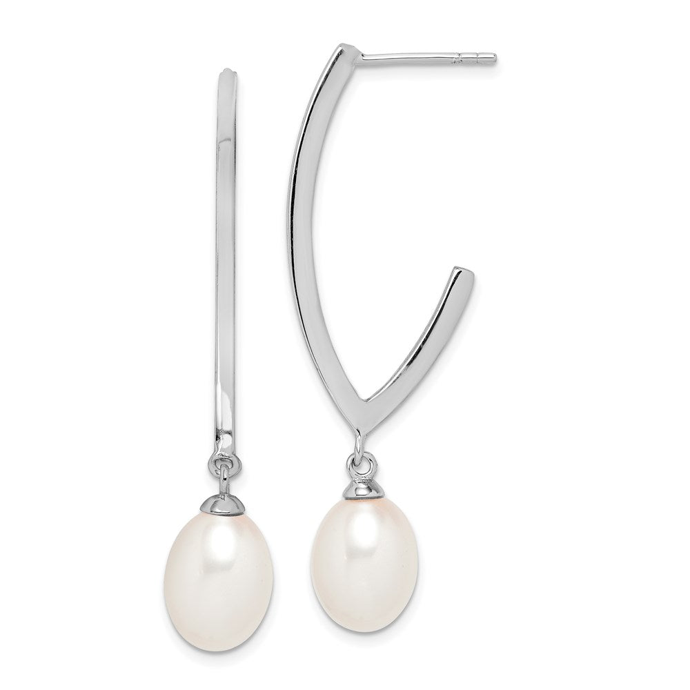 QE15124 Sterling Silver Rhodium-plated 8-9mm White Rice Freshwater Cultured Pearl Post Dangle Earrings