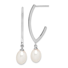 QE15124 Sterling Silver Rhodium-plated 8-9mm White Rice Freshwater Cultured Pearl Post Dangle Earrings