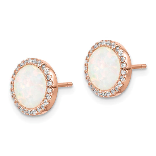 QE15126 Sterling Silver Rose-Tone Created Opal & CZ Round Halo Post Earrings