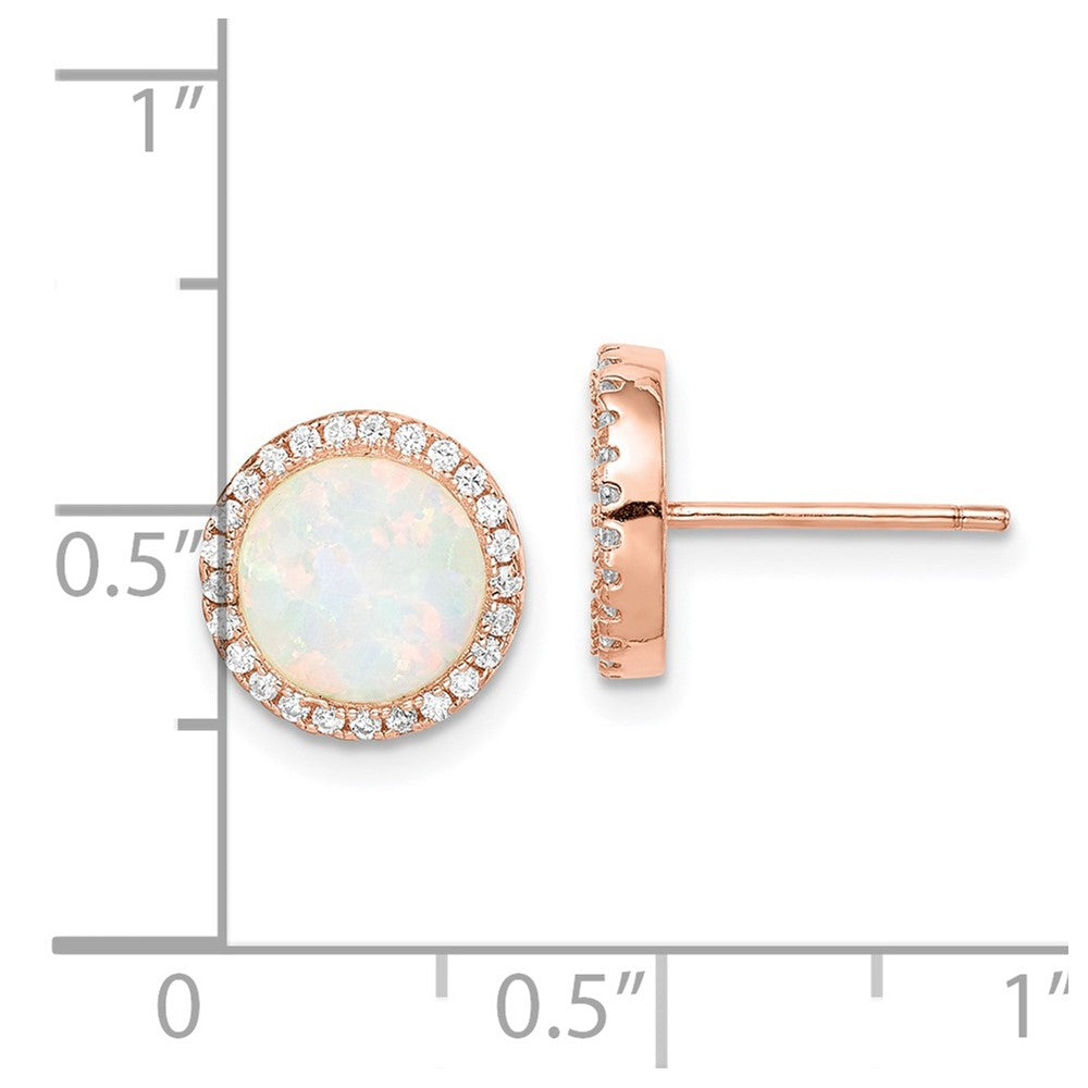 QE15126 Sterling Silver Rose-Tone Created Opal & CZ Round Halo Post Earrings