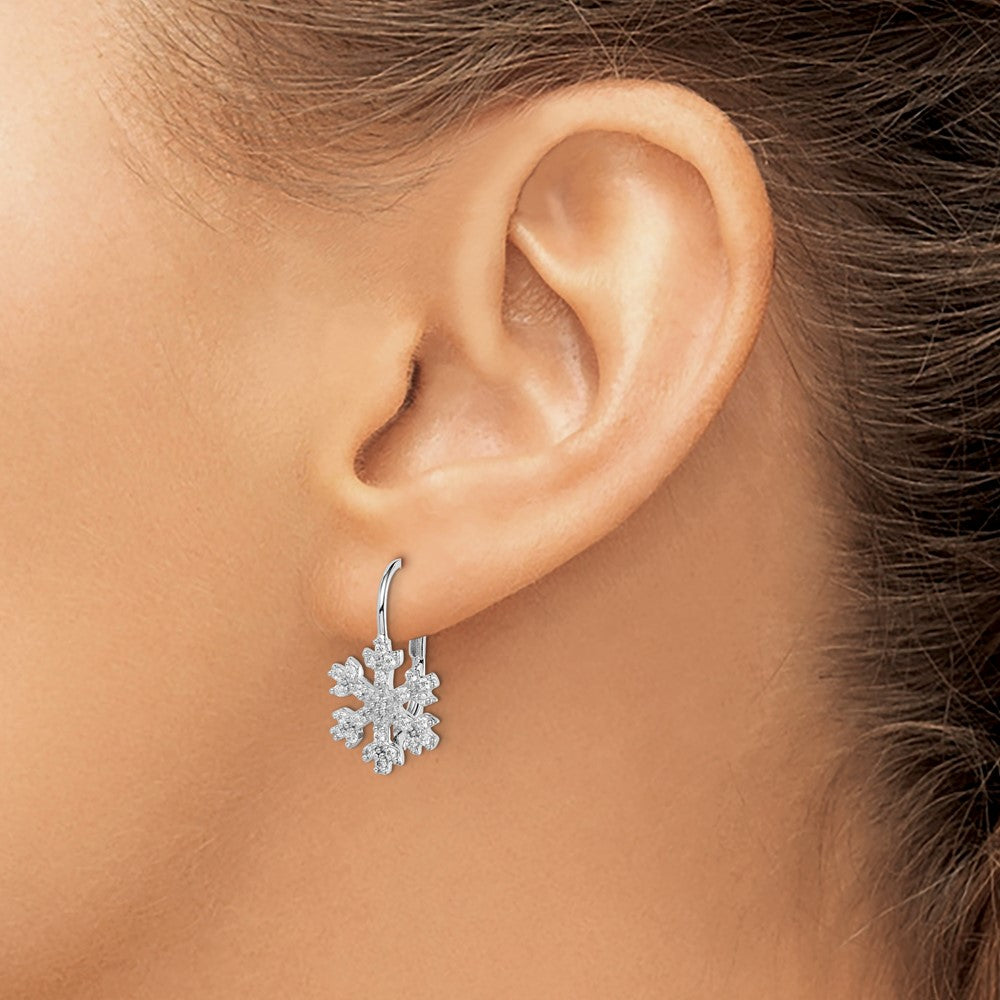 QE15137 Sterling Silver Rhodium-plated CZ Snowflake Leverback Earrings