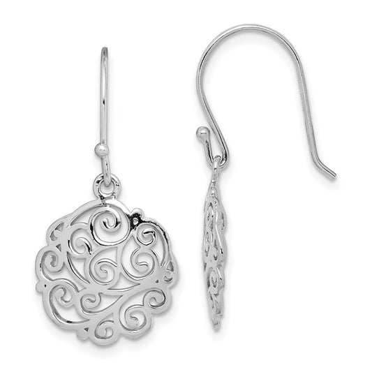 QE15139 Sterling Silver Rhodium-plated Polished Filigree Circle Dangle Earrings