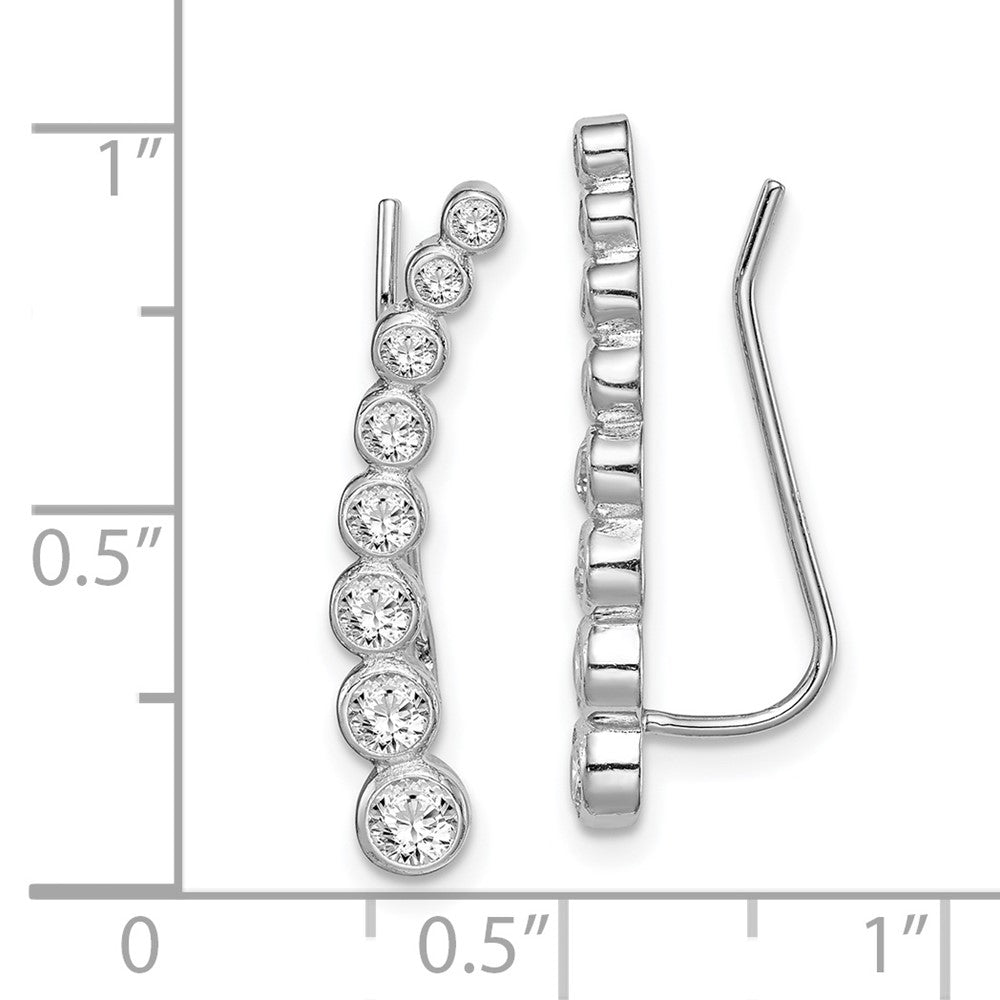 QE15146 Sterling Silver Rhodium-plated Polished Graduated CZ Ear Climber Earrings