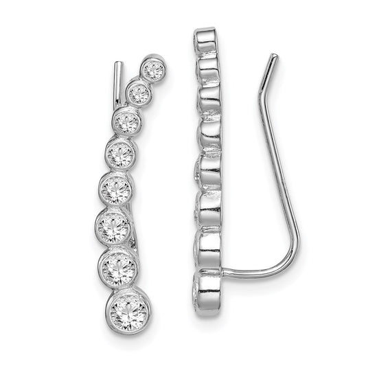 QE15146 Sterling Silver Rhodium-plated Polished Graduated CZ Ear Climber Earrings
