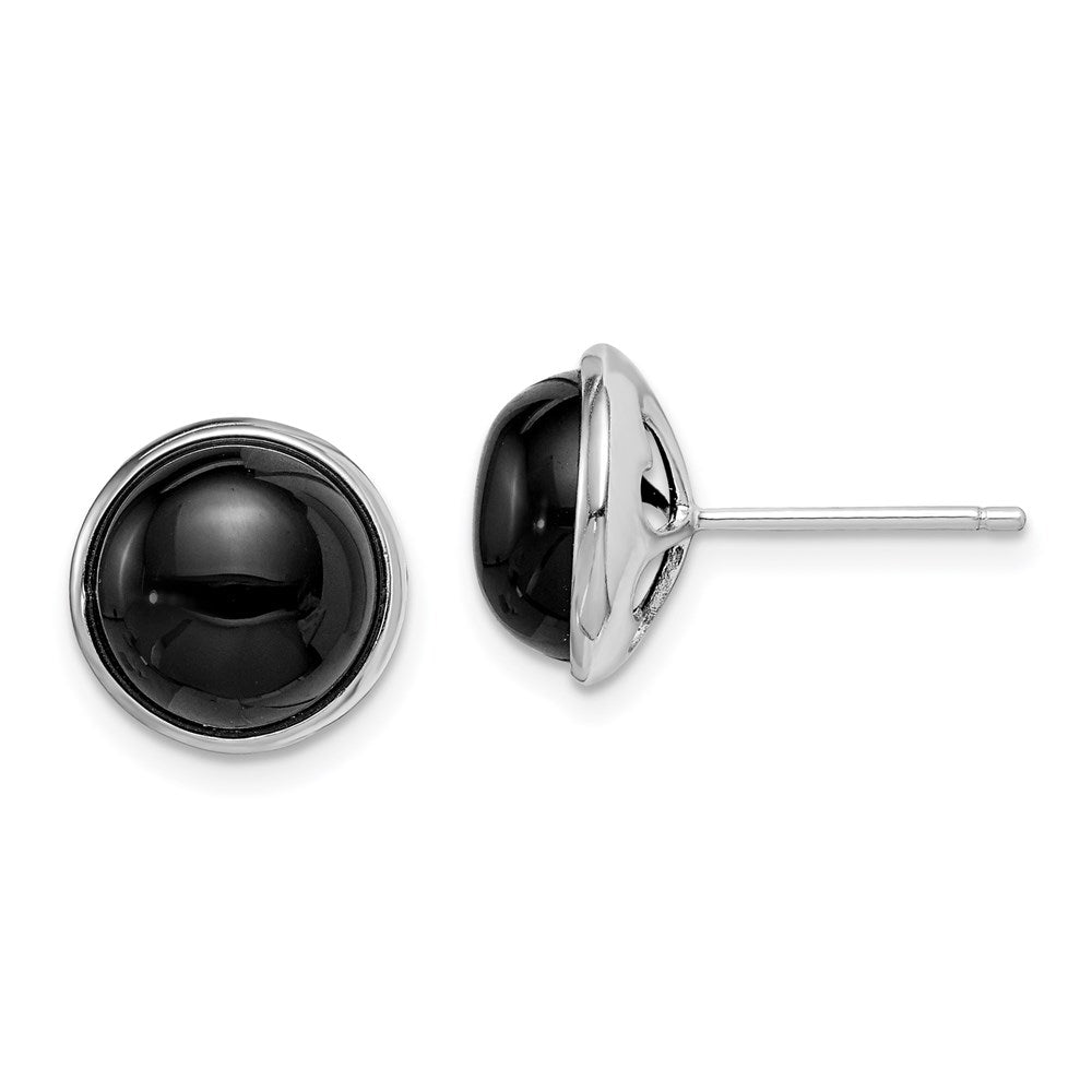 QE15152 Sterling Silver Rhod-plated Polished 10mm Onyx Cabochon Post Earrings