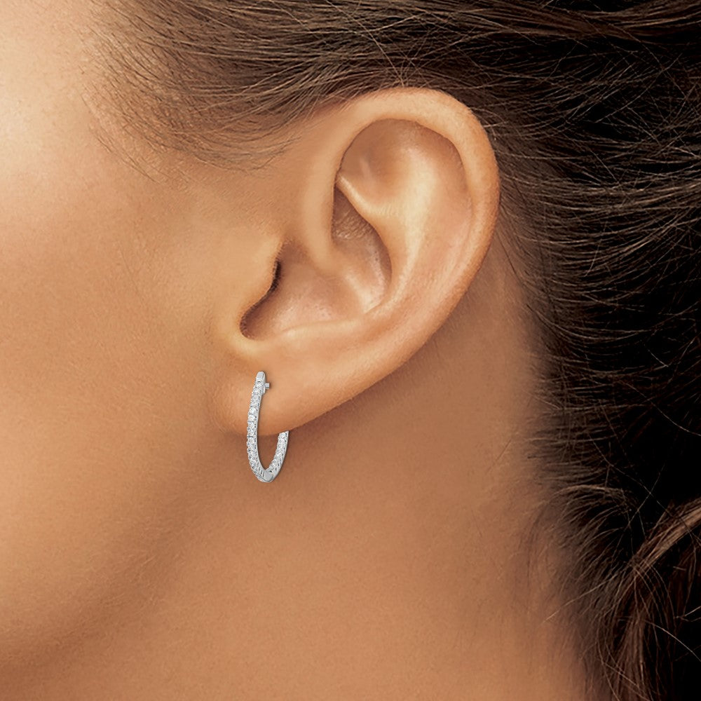 QE15159 Sterling Silver Rhodium-plated CZ In/Out Hinged Hoop Earrings