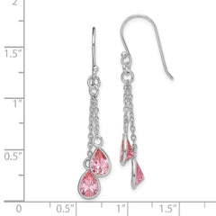 QE15169 Sterling Silver RH-plated Multi-Strand Pink CZ Teardrop Dangle Earrings