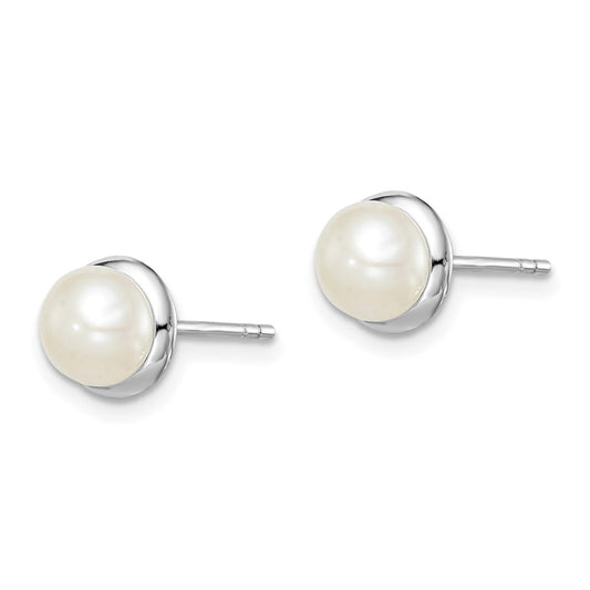 QE15178 Sterling Silver Rhodium-plated 6-7mm White Button Freshwater Cultured Pearl Post Earrings
