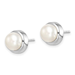 QE15179 Sterling Silver Rhodium-plated 7-8mm White Button Freshwater Cultured Pearl Post Earrings