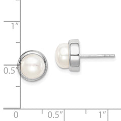 QE15179 Sterling Silver Rhodium-plated 7-8mm White Button Freshwater Cultured Pearl Post Earrings