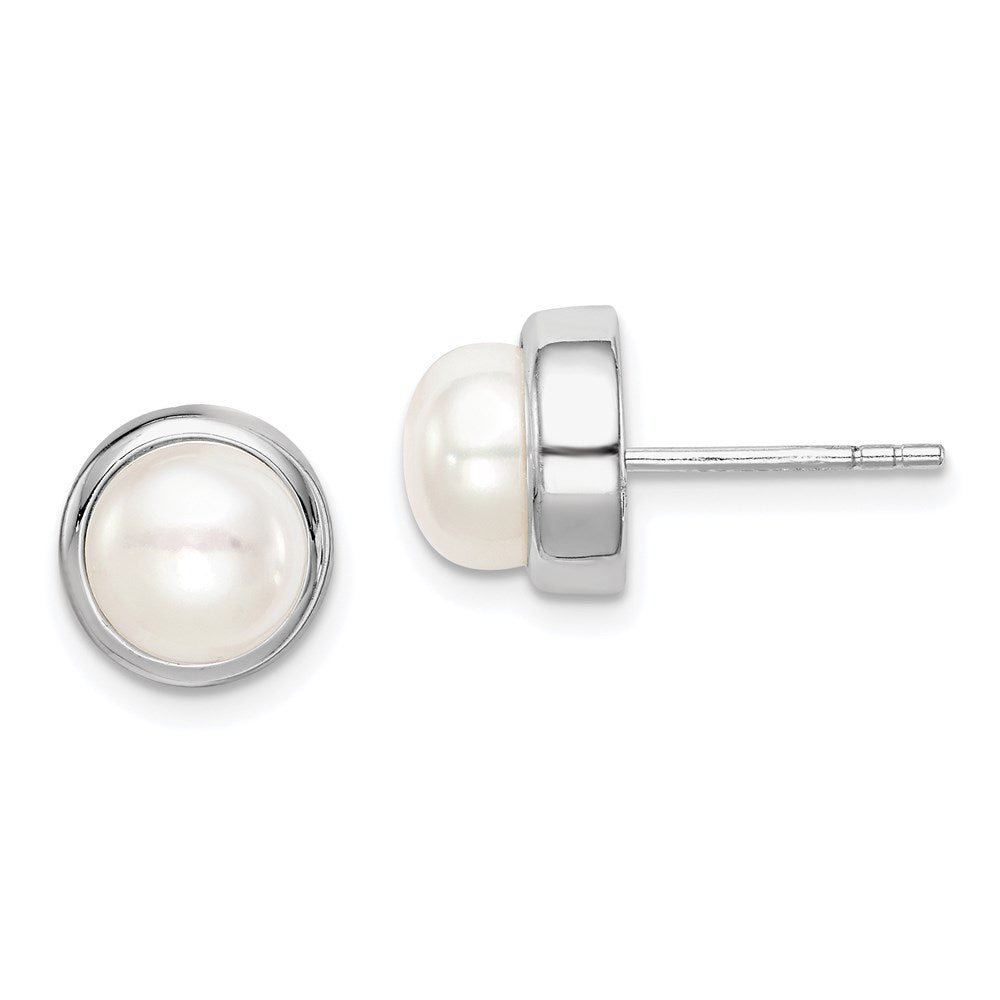 QE15179 Sterling Silver Rhodium-plated 7-8mm White Button Freshwater Cultured Pearl Post Earrings