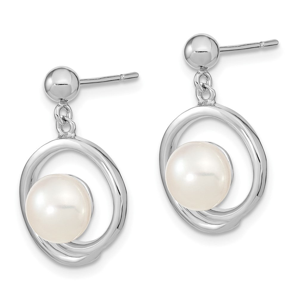 QE15180 Sterling Silver Rhodium-plated 7-8mm White Button Freshwater Cultured Pearl Post Dangle Earrings