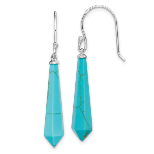 QE15186 Sterling Silver RH-pltd Polished Imitation Turquoise Point Dangle Earrings