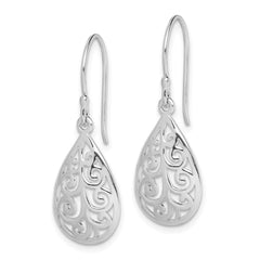 QE15190 Sterling Silver Rhodium-plated  Polished Filigree Teardrop Dangle Earrings