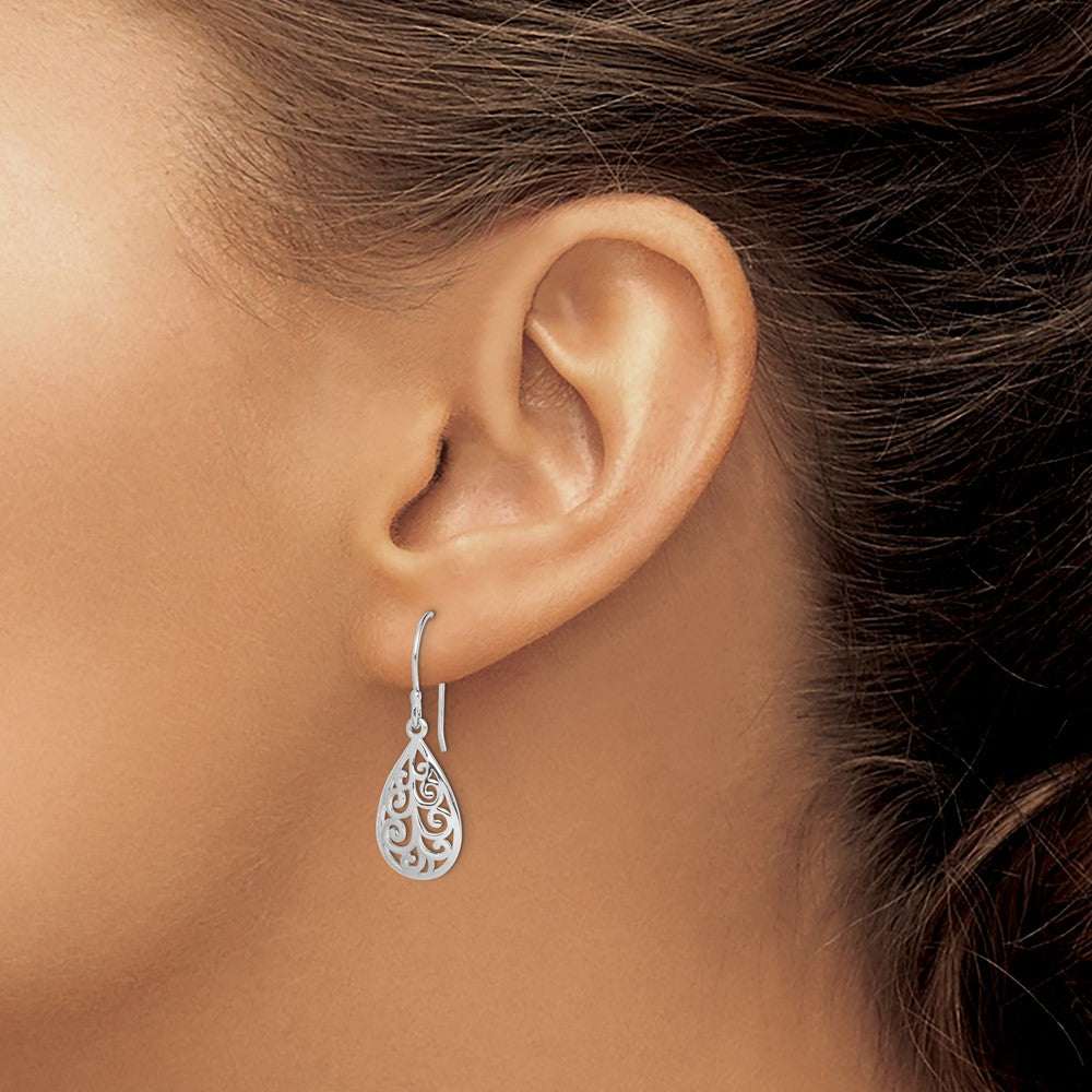 QE15190 Sterling Silver Rhodium-plated  Polished Filigree Teardrop Dangle Earrings