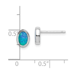 QE15192 Sterling Silver RH-plated Polished Blue Created Opal Oval Stud Earrings