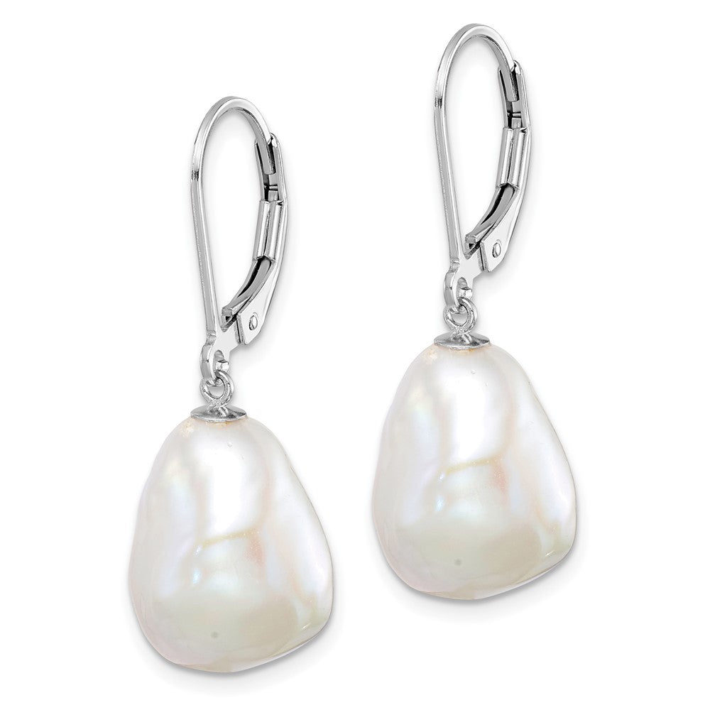 QE15197 Sterling Silver Rhodium-plated 11-12mm White Keshi Freshwater Cultured Pearl Leverback Dangle Earrings