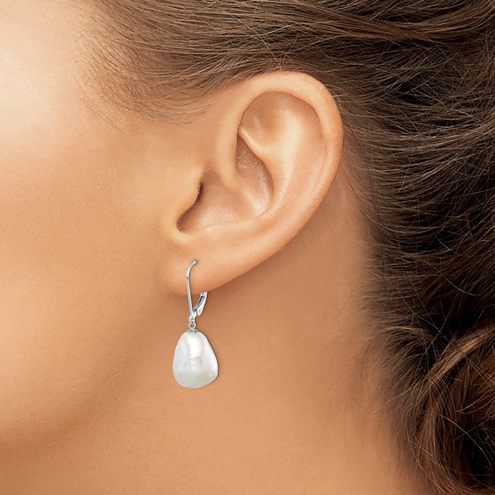 QE15197 Sterling Silver Rhodium-plated 11-12mm White Keshi Freshwater Cultured Pearl Leverback Dangle Earrings