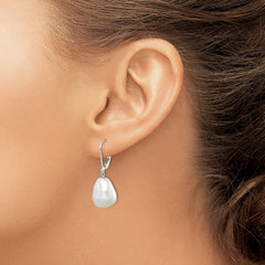 QE15197 Sterling Silver Rhodium-plated 11-12mm White Keshi Freshwater Cultured Pearl Leverback Dangle Earrings