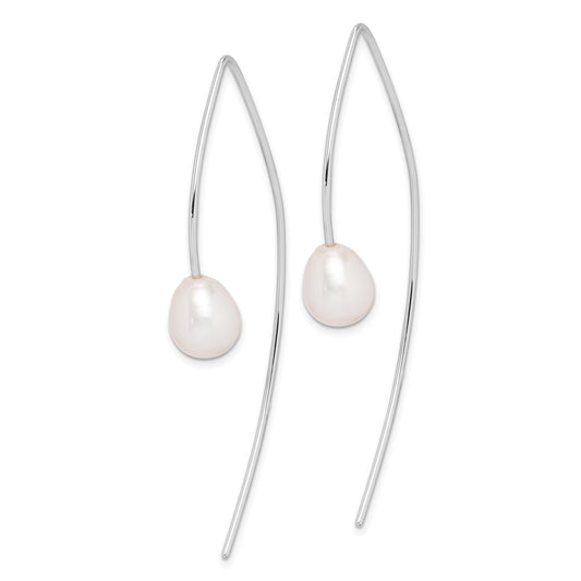 QE15199 Sterling Silver Rhodium-plated 8-9mm White Teardrop Freshwater Cultured Pearl Threader Earrings
