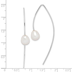 QE15199 Sterling Silver Rhodium-plated 8-9mm White Teardrop Freshwater Cultured Pearl Threader Earrings