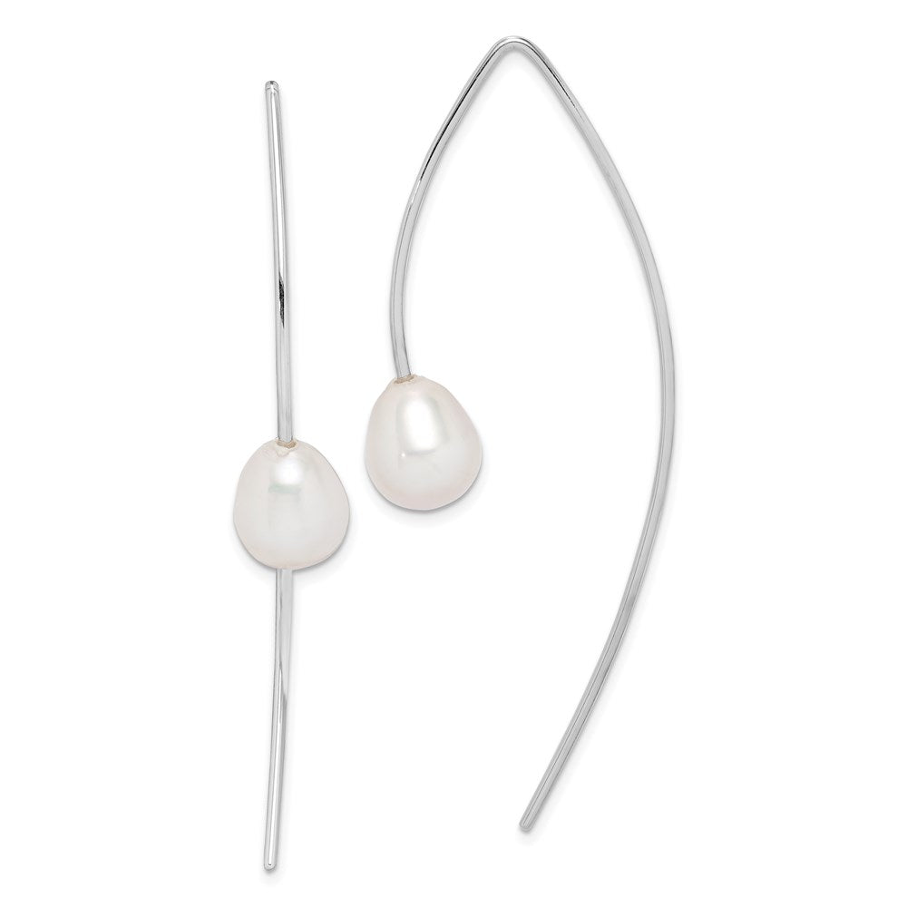 QE15199 Sterling Silver Rhodium-plated 8-9mm White Teardrop Freshwater Cultured Pearl Threader Earrings