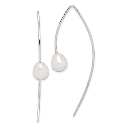 QE15199 Sterling Silver Rhodium-plated 8-9mm White Teardrop Freshwater Cultured Pearl Threader Earrings
