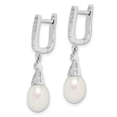 QE15200 Sterling Silver Rhodium-plated 7-8mm White Rice Freshwater Cultured Pearl and CZ  Dangle Leverback Earrings