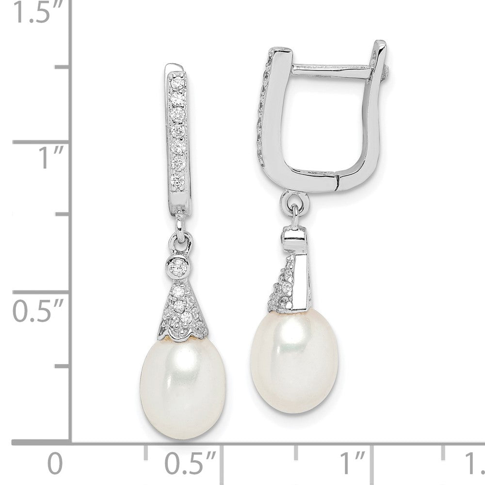 QE15200 Sterling Silver Rhodium-plated 7-8mm White Rice Freshwater Cultured Pearl and CZ  Dangle Leverback Earrings