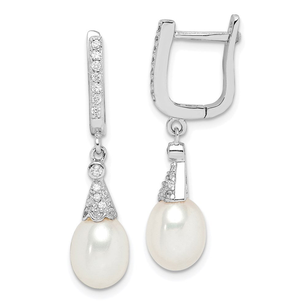 QE15200 Sterling Silver Rhodium-plated 7-8mm White Rice Freshwater Cultured Pearl and CZ  Dangle Leverback Earrings