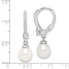 QE15201 Sterling Silver Rhodium-plated 7-8mm White Teardrop Freshwater Cultured Pearl and CZ Leverback Dangle Earrings