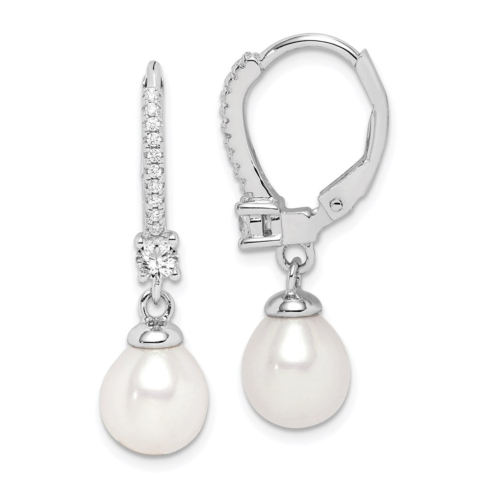 QE15201 Sterling Silver Rhodium-plated 7-8mm White Teardrop Freshwater Cultured Pearl and CZ Leverback Dangle Earrings