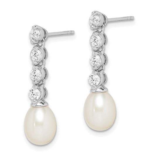 QE15202 Sterling Silver Rhodium-plated 7-8mm White Rice Freshwater Cultured Pearl and CZ Post Dangle Earrings
