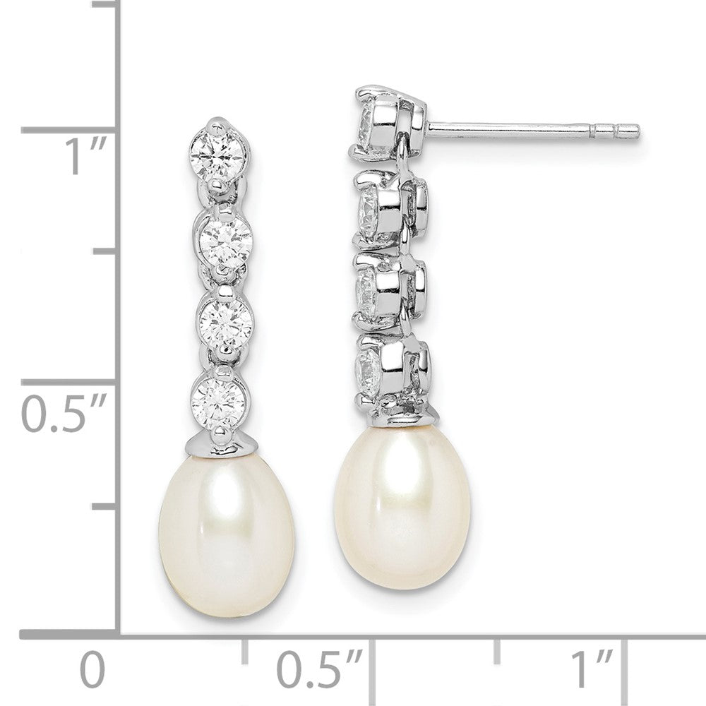 QE15202 Sterling Silver Rhodium-plated 7-8mm White Rice Freshwater Cultured Pearl and CZ Post Dangle Earrings
