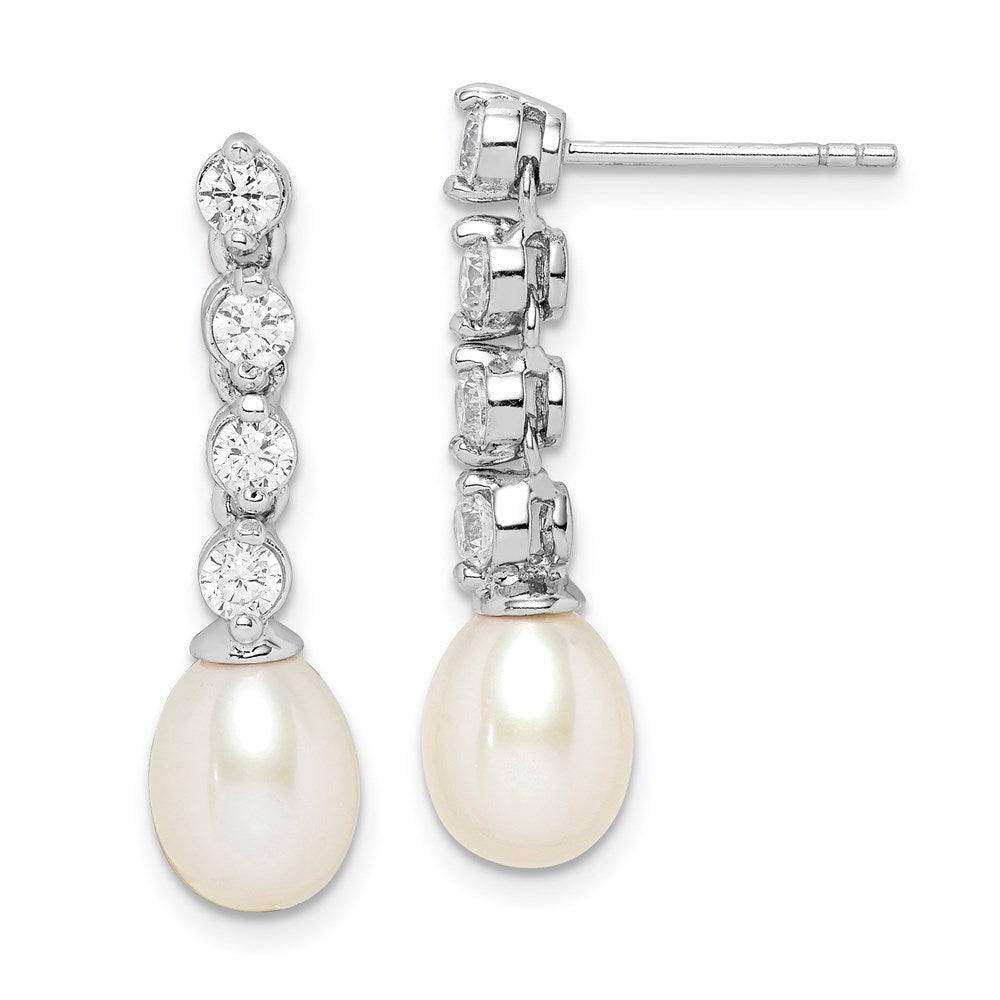 QE15202 Sterling Silver Rhodium-plated 7-8mm White Rice Freshwater Cultured Pearl and CZ Post Dangle Earrings
