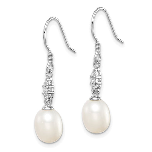 QE15203 Sterling Silver Rhodium-plated 7-8mm White Teardrop Freshwater Cultured Pearl and CZ Dangle Earrings