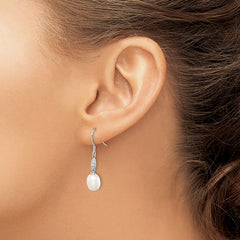 QE15203 Sterling Silver Rhodium-plated 7-8mm White Teardrop Freshwater Cultured Pearl and CZ Dangle Earrings