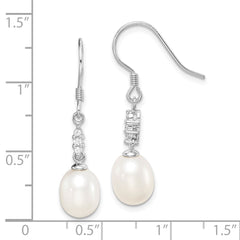QE15203 Sterling Silver Rhodium-plated 7-8mm White Teardrop Freshwater Cultured Pearl and CZ Dangle Earrings