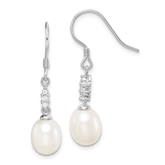 QE15203 Sterling Silver Rhodium-plated 7-8mm White Teardrop Freshwater Cultured Pearl and CZ Dangle Earrings