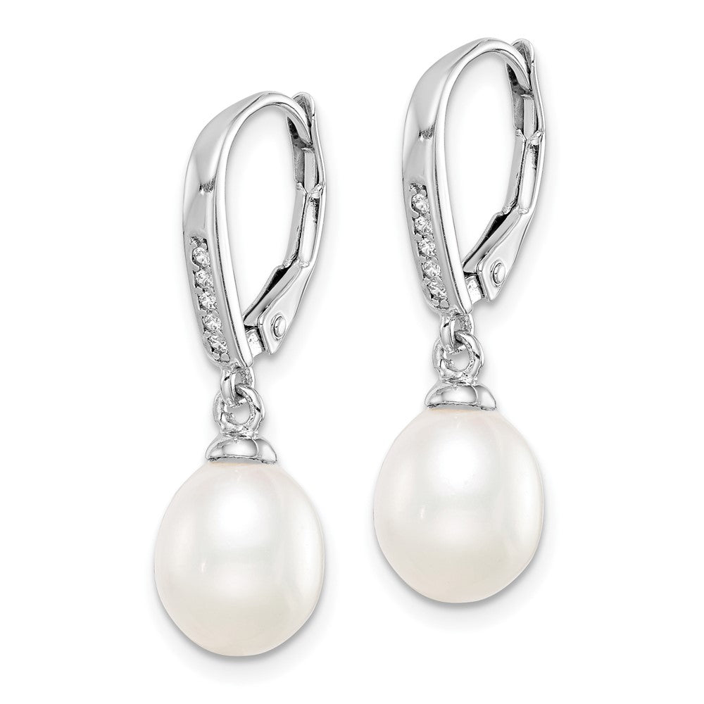 QE15205 Sterling Silver Rhodium-plated 7-8mm White Teardrop Freshwater Cultured Pearl and CZ Leverback Dangle Earrings