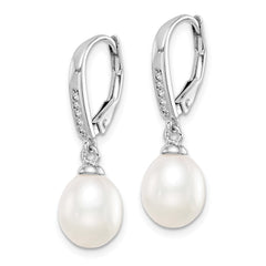 QE15205 Sterling Silver Rhodium-plated 7-8mm White Teardrop Freshwater Cultured Pearl and CZ Leverback Dangle Earrings