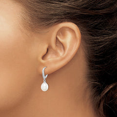 QE15205 Sterling Silver Rhodium-plated 7-8mm White Teardrop Freshwater Cultured Pearl and CZ Leverback Dangle Earrings