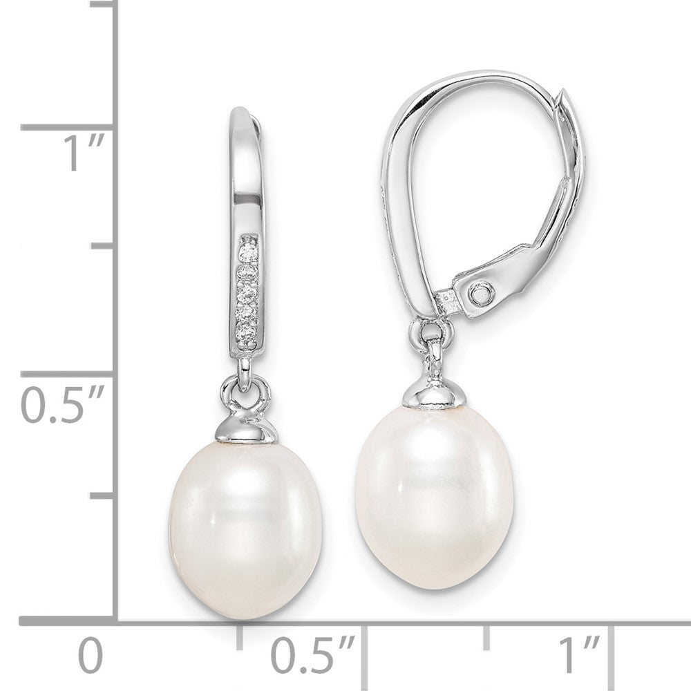QE15205 Sterling Silver Rhodium-plated 7-8mm White Teardrop Freshwater Cultured Pearl and CZ Leverback Dangle Earrings