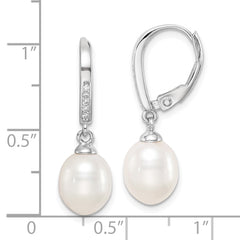 QE15205 Sterling Silver Rhodium-plated 7-8mm White Teardrop Freshwater Cultured Pearl and CZ Leverback Dangle Earrings