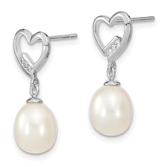 QE15206 Sterling Silver Rhodium-plated 7-8mm White Rice Freshwater Pearl and CZ Heart Post Dangle Earrings