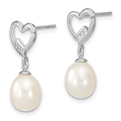 QE15206 Sterling Silver Rhodium-plated 7-8mm White Rice Freshwater Pearl and CZ Heart Post Dangle Earrings