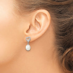 QE15206 Sterling Silver Rhodium-plated 7-8mm White Rice Freshwater Pearl and CZ Heart Post Dangle Earrings