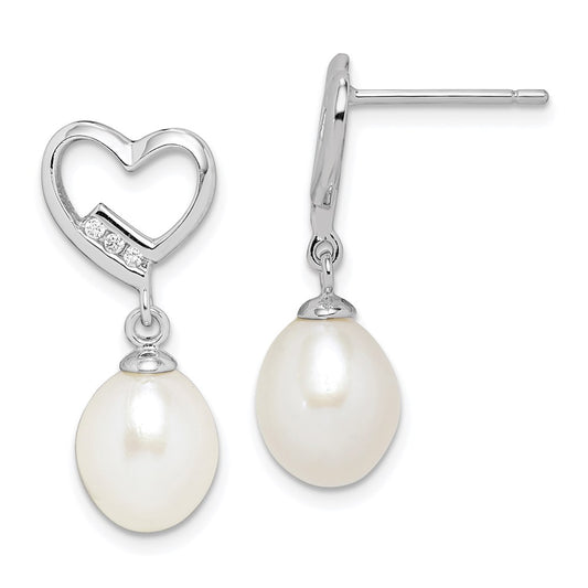 QE15206 Sterling Silver Rhodium-plated 7-8mm White Rice Freshwater Pearl and CZ Heart Post Dangle Earrings
