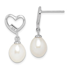 QE15206 Sterling Silver Rhodium-plated 7-8mm White Rice Freshwater Pearl and CZ Heart Post Dangle Earrings