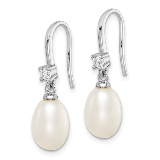 QE15207 Sterling Silver Rhodium-plated 7-8mm White Teardrop Freshwater Cultured Pearl and CZ Dangle Earrings